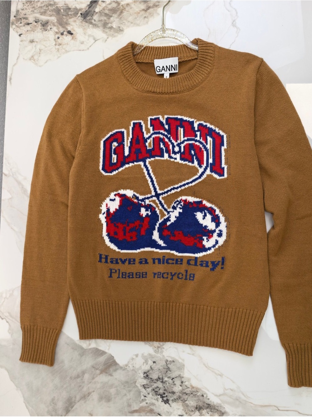 Ganni Brown Knit Sweater with Red, Navy and Cream Cherry Graphic